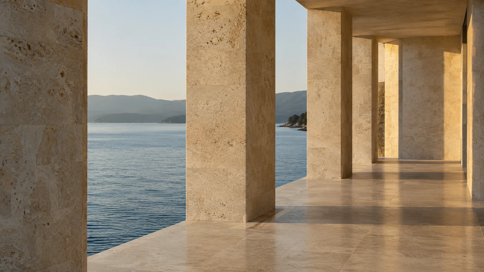 Natural stone and calm blue water, an illustrative architectural study