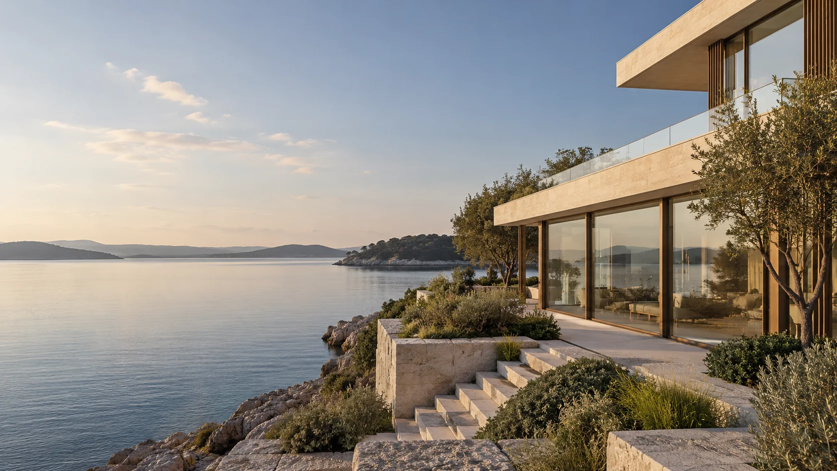 Coastal architecture overlooking a quiet bay, an illustrative brand image