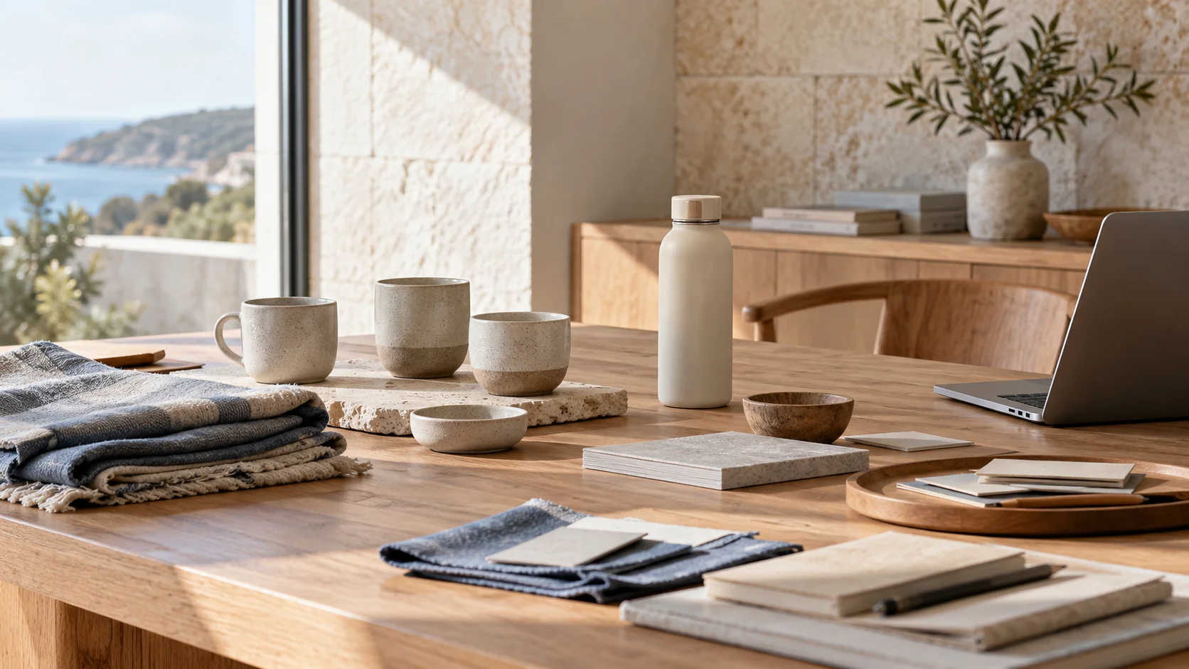 Illustrative product assortment and materials on an oak table